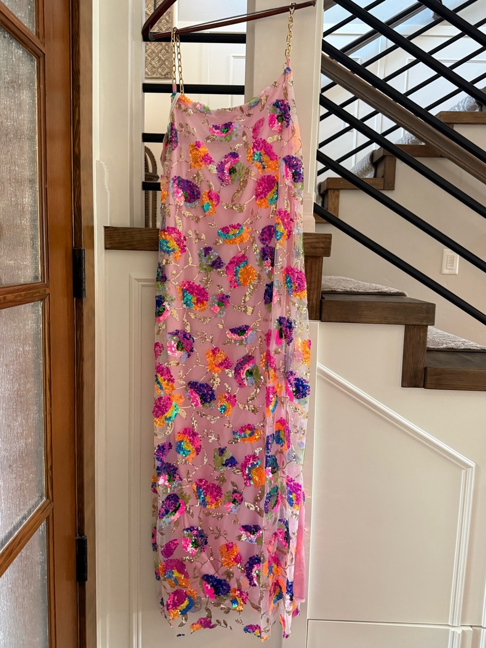 Sequin-Embellished Pink Maxi Slip Dress with Chain Straps